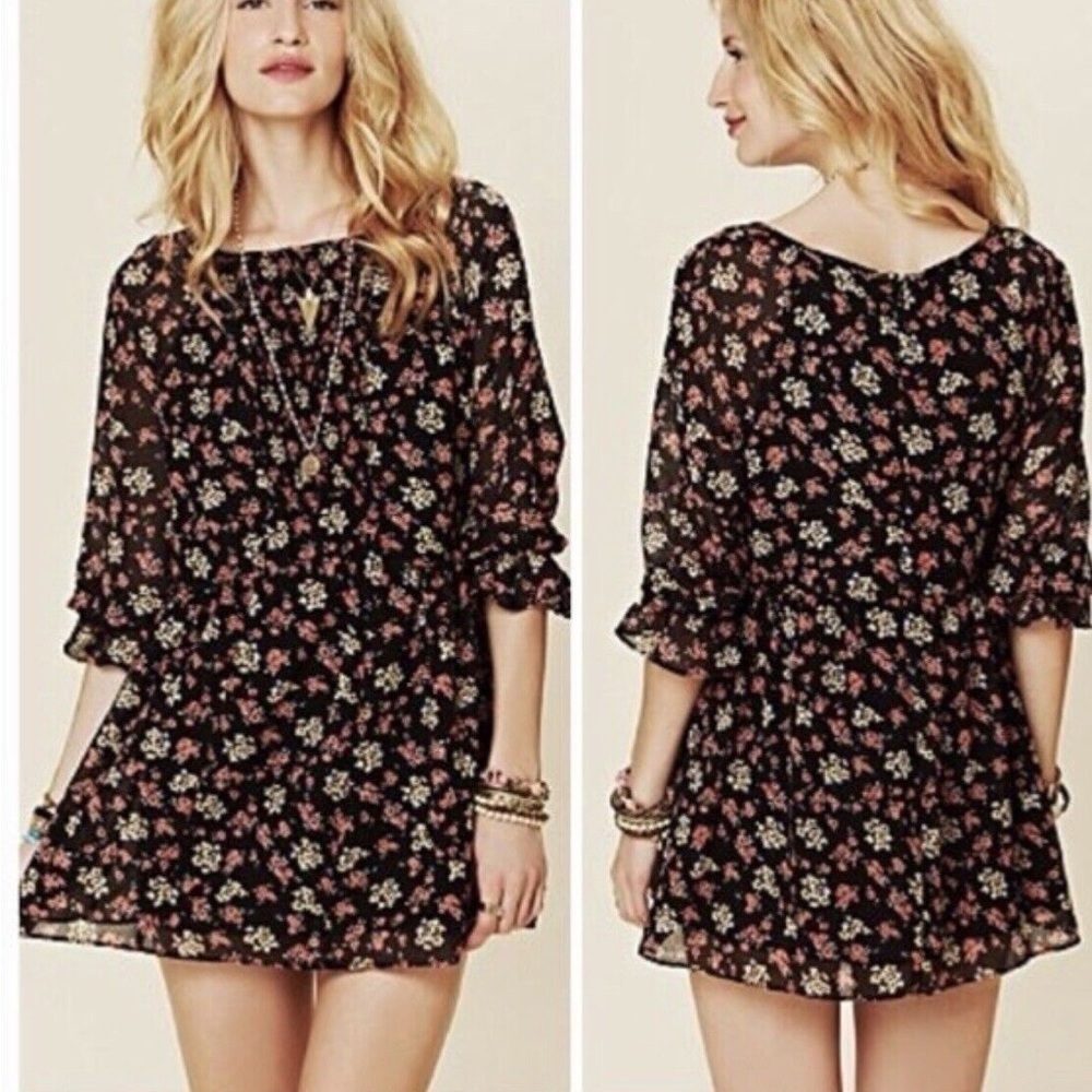 Free People Doll Pants Chiffon Baby Doll Ditsy Floral Dress w/ Smocked Bodice 2 - Picture 4 of 10